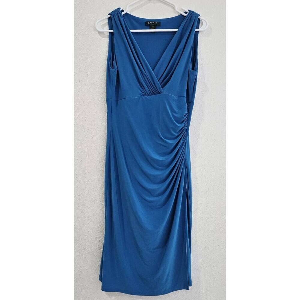 Lauren Ralph Lauren Surplice Wrap Dress Dutchess Blue Sleeveless Ruching Size 10